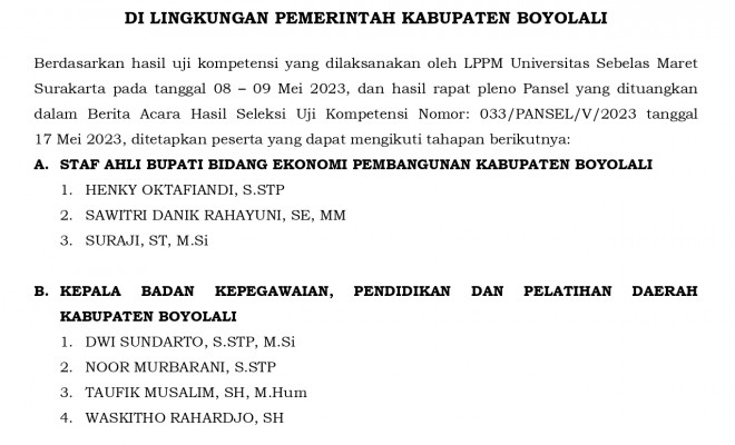 Pengumuman Hasil Seleksi Uji Kompetensi Seleksi Terbuka JPT Pratama Tahun 2023